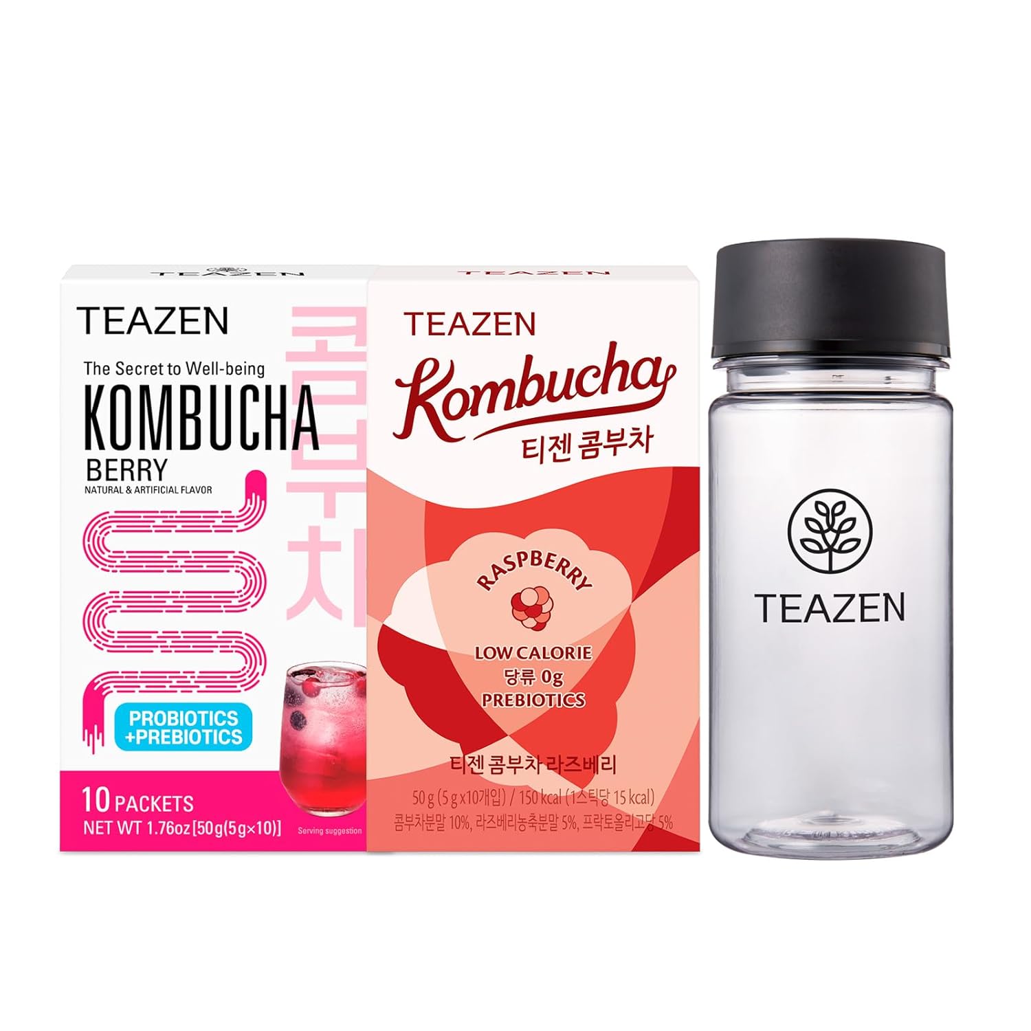 Teazen Kombucha Berry, Raspberry Flavor 2 Pack With Classic Eco Bottle (Kombucha Powder 20 Sticks, Eco Bottle 1Ea X 11.8Oz)