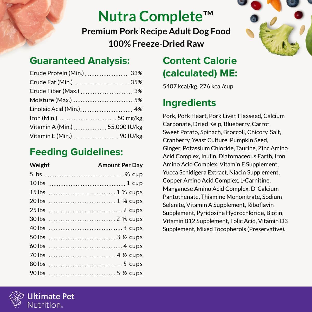 ULTIMATE PET NUTRITION Nutra Complete Raw Freeze Dried Dog Food, Veterinarian Formulated with Antioxidants, Prebiotics & Amino Acids (3 Pound, Pork) : Pet Supplies