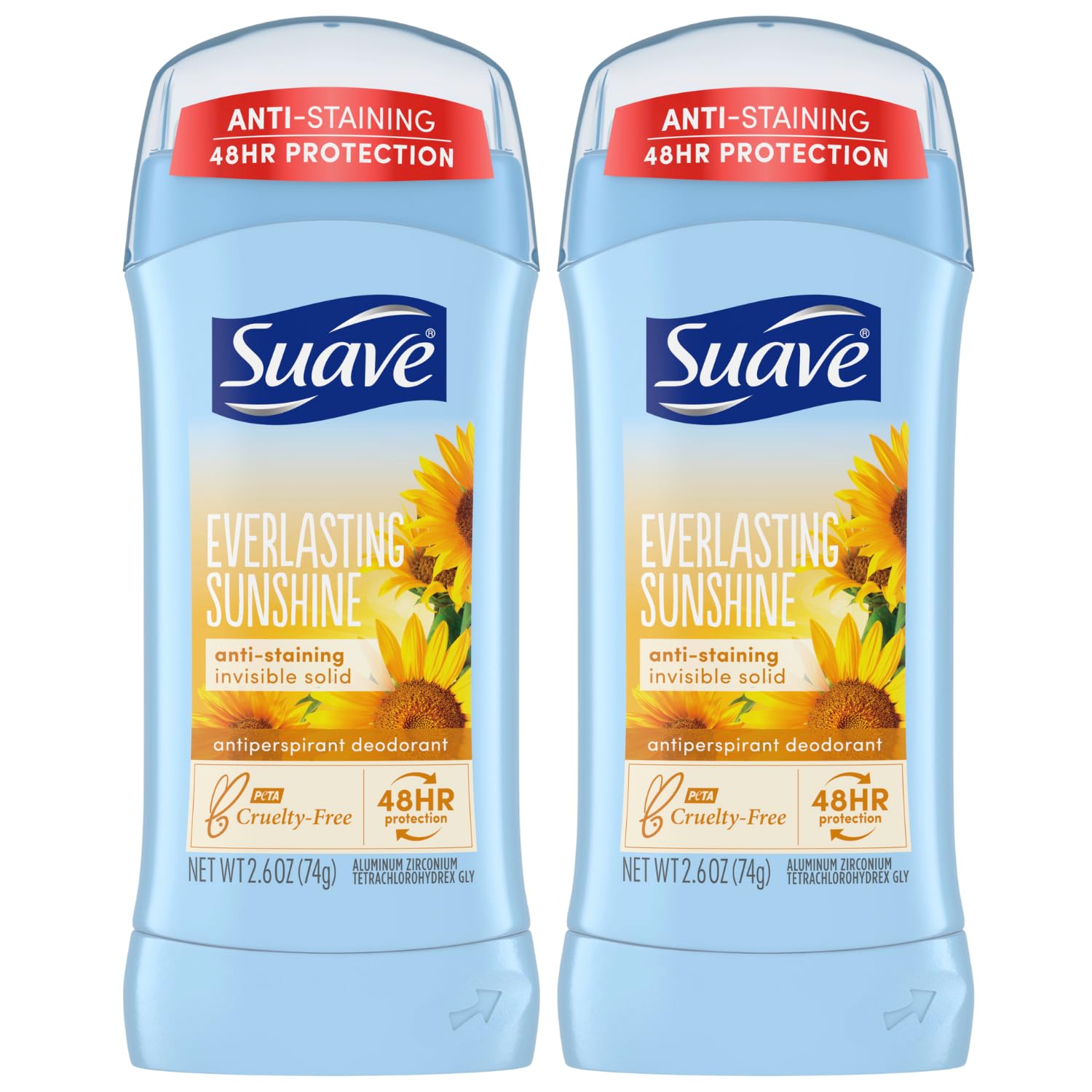 Suave Deodorant for Women, Everlasting Sunshine – Invisible Solid Antiperspirant Deodorant Stick, 48H Protection, Anti-Staining, Cruelty-Free, Scented, 2.6 Oz (Pack of 2)