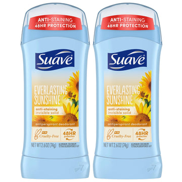 Suave Deodorant For Women, Everlasting Sunshine – Invisible Solid Antiperspirant Deodorant Stick, 48H Protection, Anti-Staining, Cruelty-Free, Scented, 2.6 Oz (Pack Of 2)