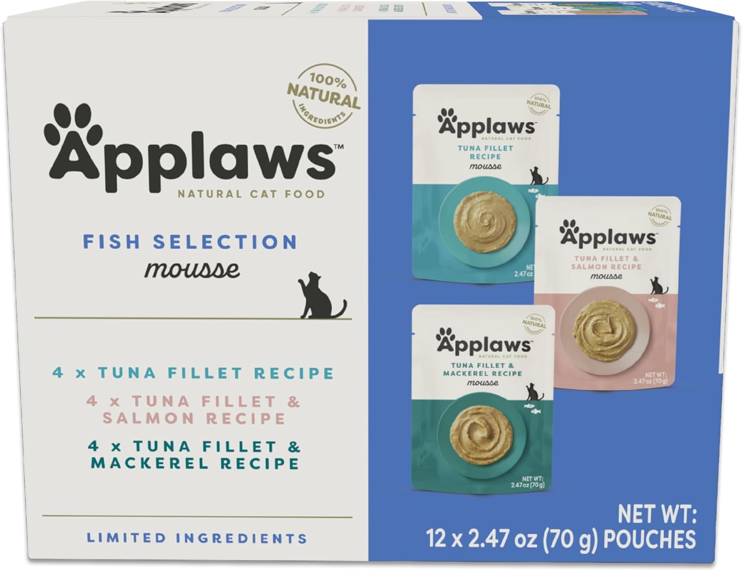 Applaws Natural Wet Cat Food In Mousse, Limited Ingredient Wet Cat Food Pouches, No Additives, Made With Natural Ingredients, Tuna Fillet & Mackerel In Mousse (12 X 2.47Oz Pouches)
