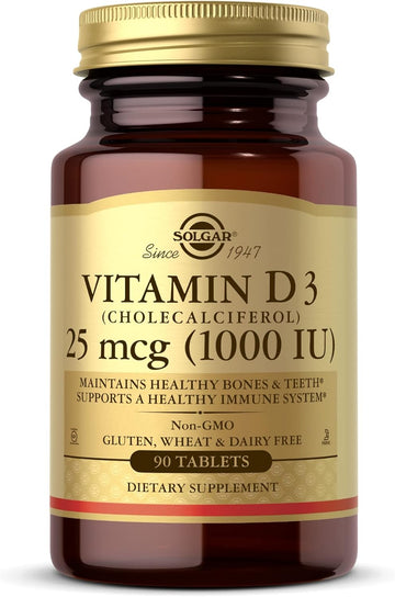 Solgar Vitamin D3 (Cholecalciferol) 25 mcg (1000 IU), 90 Tablets - Helps Maintain Healthy Bones & Teeth - Immune System Support - Non-GMO, Gluten Free, Dairy Free, Kosher - 90 Servings