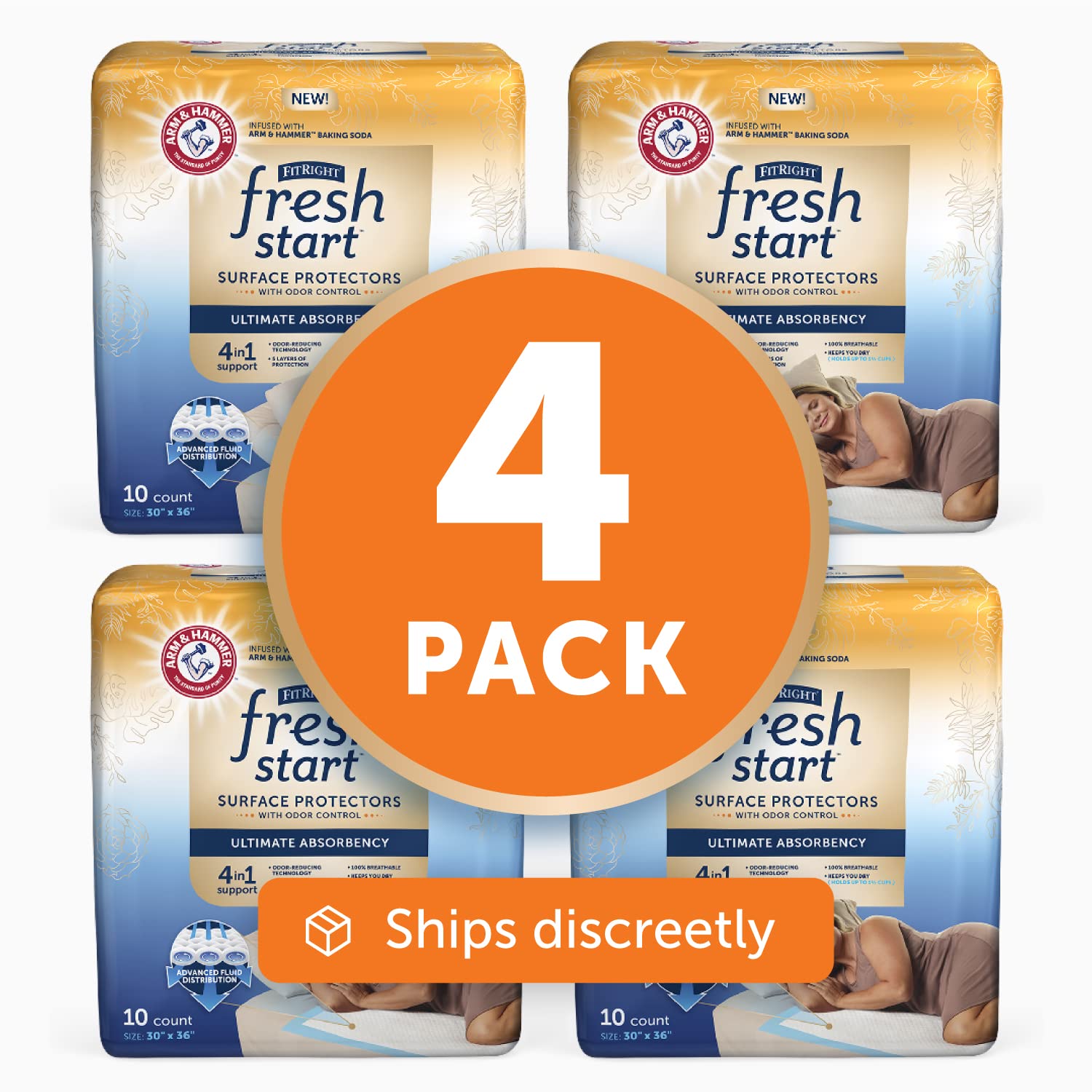 FitRight Fresh Start Disposable Underpads 30" x 36" (40 Count) Bed Pads for Incontinence, Absorbent Chucks Pads with The Odor-Control Power of ARM & Hammer (10 Count, Pack of 4) : Health & Household