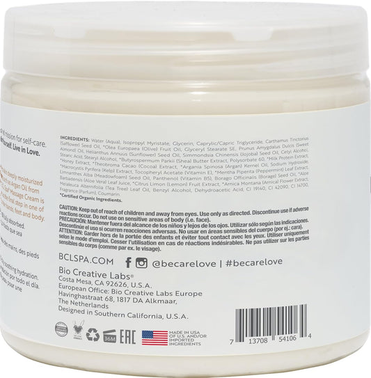 Bcl Spa Massage Cream Organic Milk & Honey With White Chocolate Body Lotion, Shea Butter, Aloe Vera, Arnica, Peppermint, Kelp, Tea Tree, Olive, Argan, And Jojoba Oils, Home/Professional Use, 16 Fl Oz
