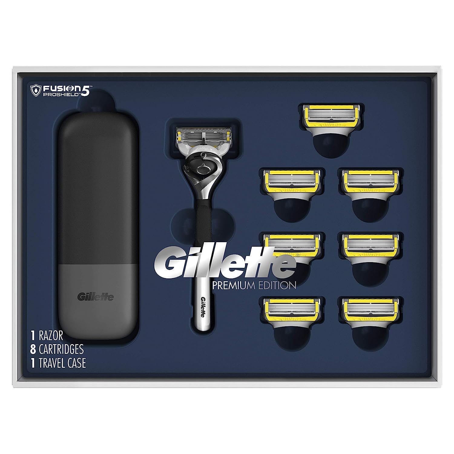 Gillette Proglide Shield Premium Edition Razors For Men, 1 Gillette Razor, 8 Proshield Razor Blade Refills, 1 Travel Case