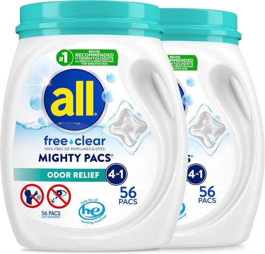 All Mighty Pacs Laundry Detergent, Free Clear Odor Relief, Tub, 56 Count (Pack Of 2), 112 Total Loads