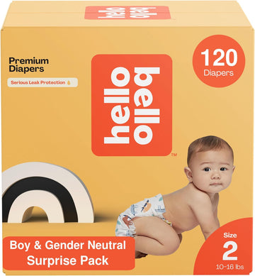 Hello Bello Diapers, Size 2 (10-16 Lbs) Surprise Pack For Boys - 120 Count Of Premium Disposable Baby Diapers, Hypoallergenic With Soft, Cloth-Like Feel - Assorted Boy & Gender Neutral Patterns 160002