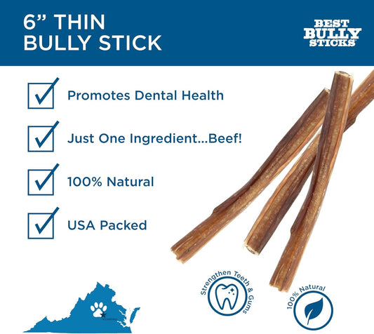 Best Bully Sticks 6 Inch All-Natural Thin Bully Sticks for Dogs - 6” Fully Digestible, 100% Grass-Fed Beef, Grain and Rawhide Free | 24 Pack