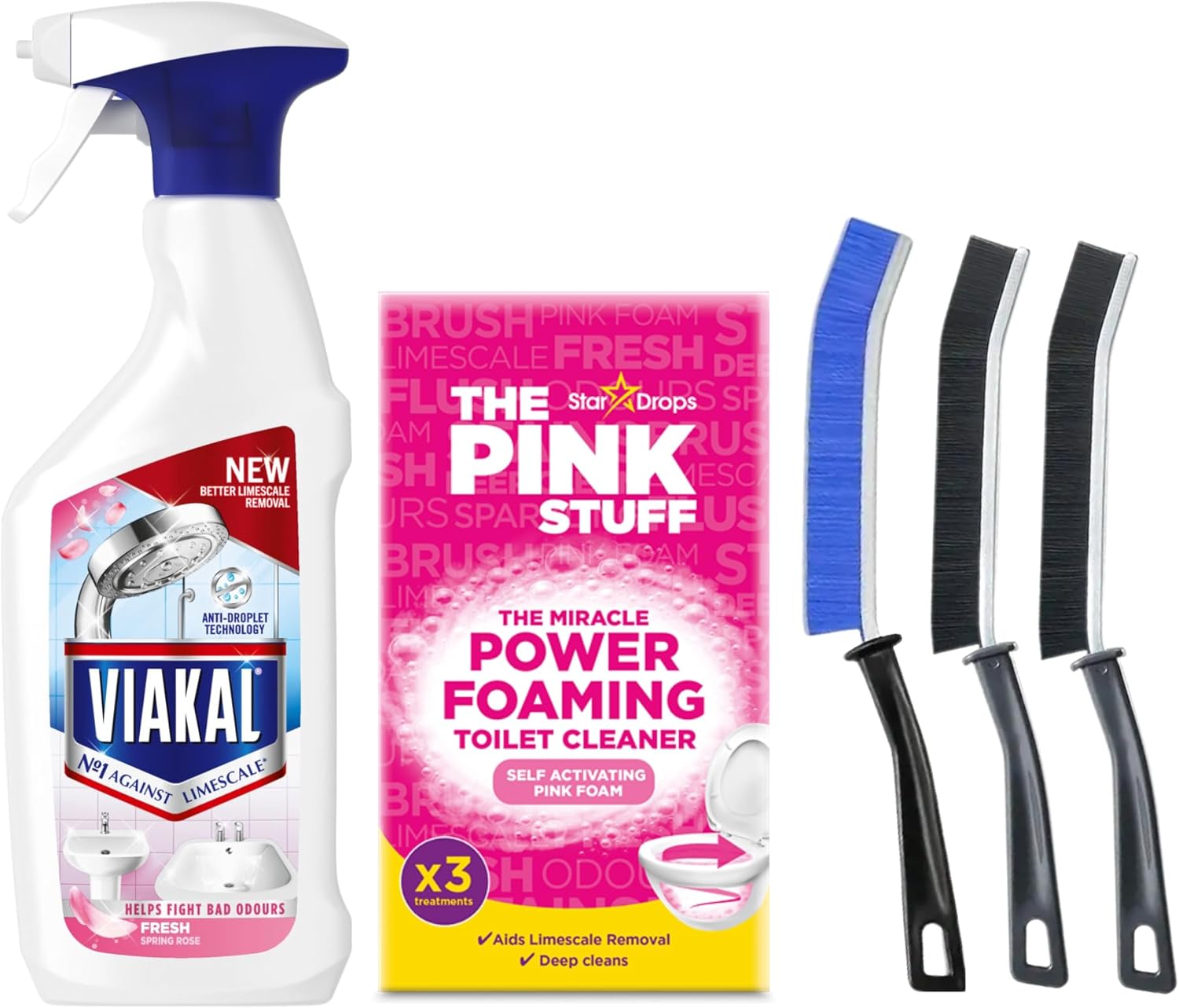 Fresh Spring Rose Limescale Remover Spray 500Ml, 3Pk Miracle Foaming Toilet Bowl Cleaner, 3X Crevice Brush Set – Bathroom Cleaner Bundle, Ideal For Hard Water Stains, Toilet Descaling & Deep Cleaning