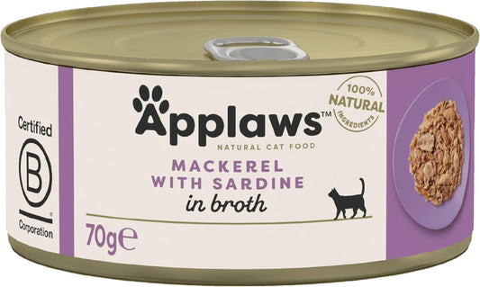 Applaws 100% Natural Wet Cat Food Tins, Mackerl with Sardine in Broth 70 g for Adult Cats (24 x 70 g Tins)?9104963