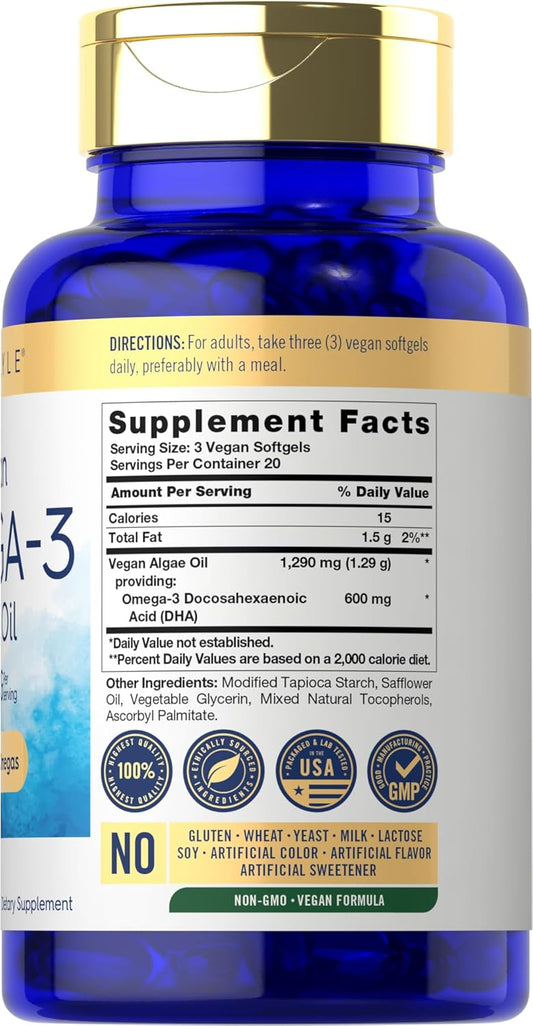 Carlyle Vegan Omega 3 Supplement | 1290 Mg | 60 Softgels | Plant Based | Non-Gmo & Gluten Free | From Algae Oil