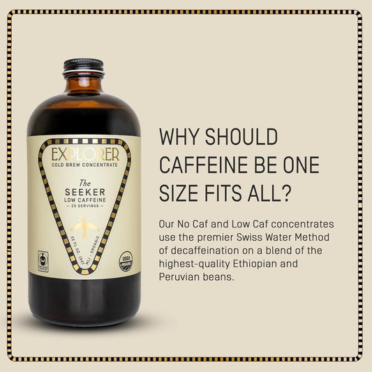 Explorer Cold Brew Organic Liquid Coffee Concentrate, Seeker Low Caffeine, Drink Iced Or Hot, 32 Fl Oz, Makes 20+ Cups