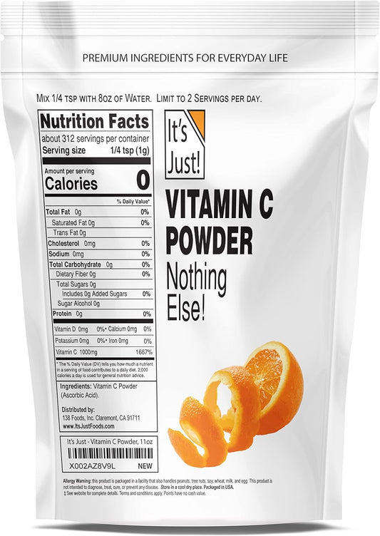 It's Just! - Vitamin C Powder, 100% Pure Ascorbic Acid, Food Grade, Immune Support, Homemade Cosmetics (11oz)