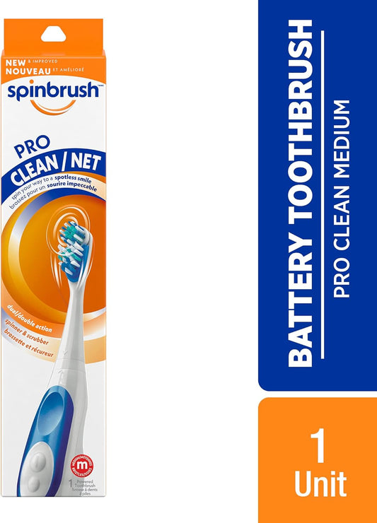 Spinbrush Pro Clean Battery Powered Toothbrush, Medium Bristles, 1 Count, Gold Or Blue Color May Vary