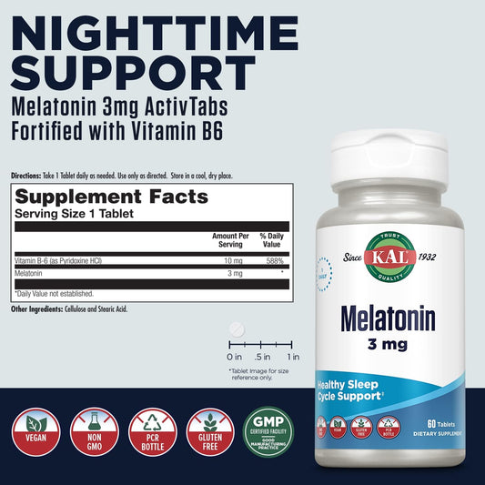 Kal Melatonin 3Mg Sleep Aid, Fast Dissolve Melatonin Tablets, Calming Relaxation And Healthy Sleep Cycle Support, With Added Vitamin B6, Vegan, Gluten Free, Non-Gmo (60 Servings, 60 Activtabs)