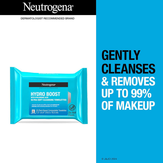 Neutrogena Hydro Boost Facial Cleansing Towelettes + Hyaluronic Acid, Hydrating Makeup Remover Face Wipes Remove Dirt & Waterproof Makeup, Hypoallergenic, 100% Plant-Based Cloth, 2 X 25 Ct