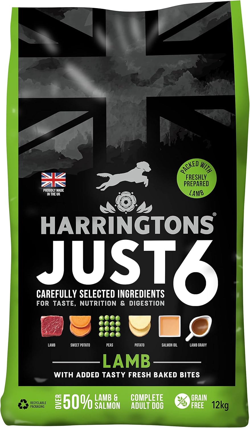 Harringtons Just 6 Lamb & Veg Complete Grain Free Dry Dog Food With Added Tasty Fresh Baked Bites 12kg?HARRJ6L-12