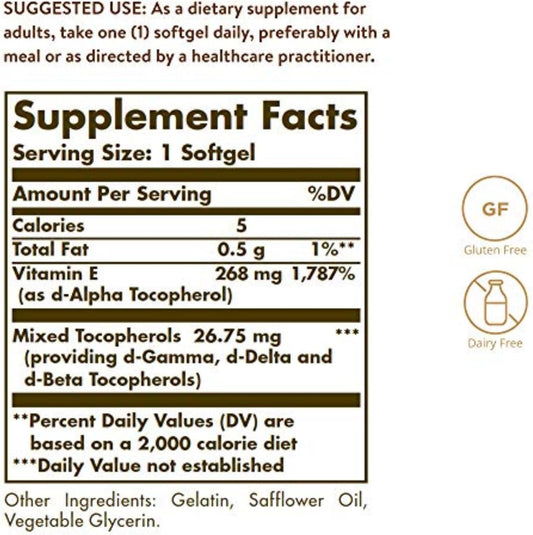 Solgar Vitamin E 268 Mg (400 Iu), 250 Mixed Softgels - Natural Antioxidant, Skin & Immune System Support - Naturally-Sourced Vitamin E - Gluten Free, Dairy Free - 250 Servings