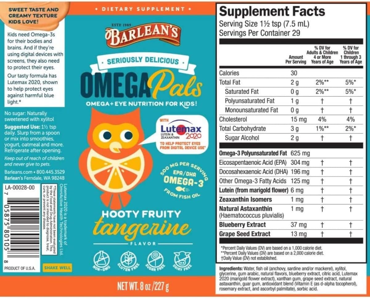 Barlean's Omega Pals Hooty Fruity Tangerine Fish Oil & Chocolate Silk Greens Powder Healthy Kids Bundle