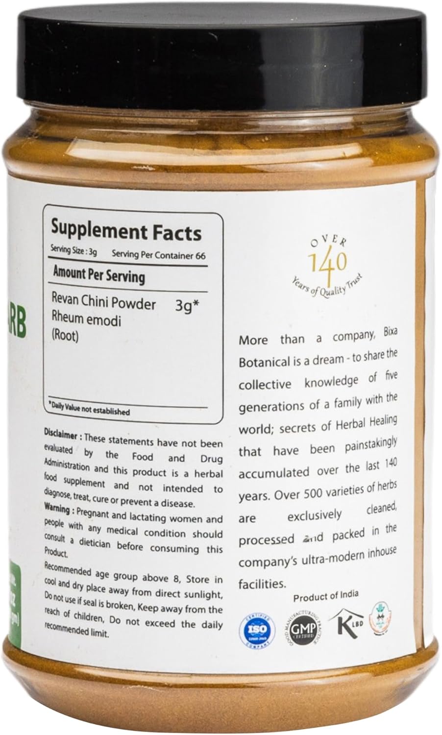 Bixa Botanical Indian Rhubarb Powder | Rheum Emodi | Ayurvedic Herbal Supplement | Gluten Free, Non-Gmo, Steam Treated, Vegan, 100% Pure | 200G / 7Oz