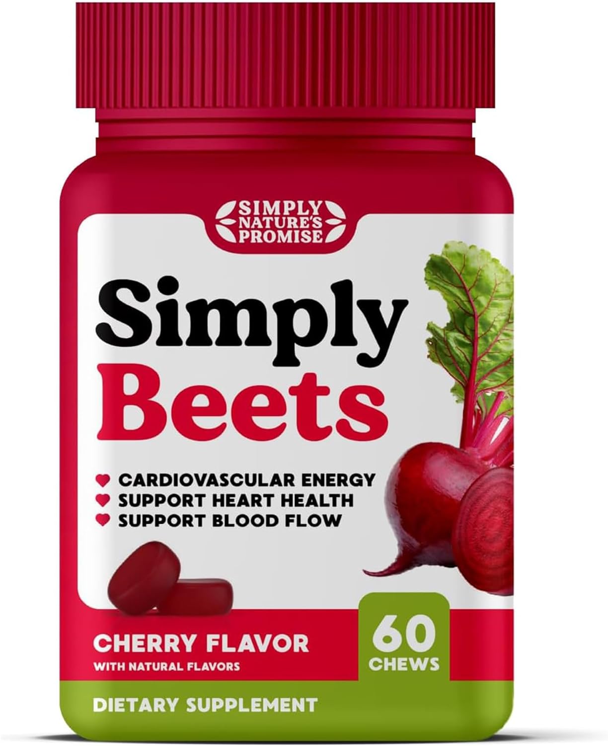 Simply Nature'S Promise - Simply Beets Heart Gummies - Delicious Cherry Flavor - Non-Gmo Beet Gummy Chews For Help With Daily Heart Health, Blood Pressure, And Circulation Support - 60 Gummies