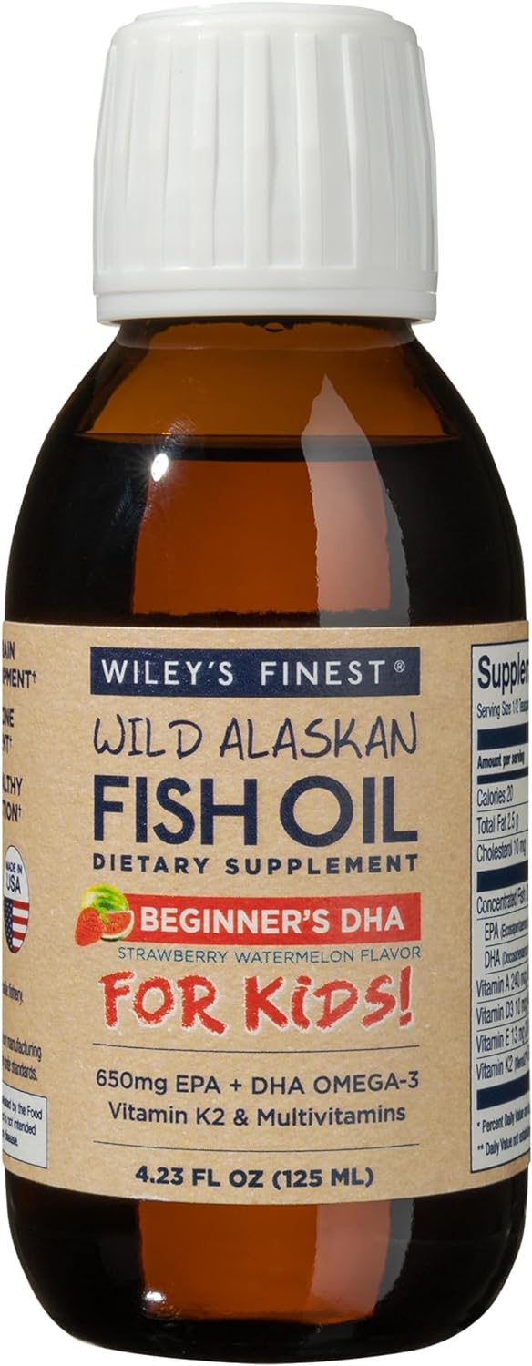 Wiley's Finest Wild Alaskan Beginner?s DHA - Liquid Fish Oil Supplement for Kids Ages 1 and Up - 650mg of EPA and DHA Omega-3s - Strawberry Watermelon Flavor - 4.23 Oz (50 Servings)