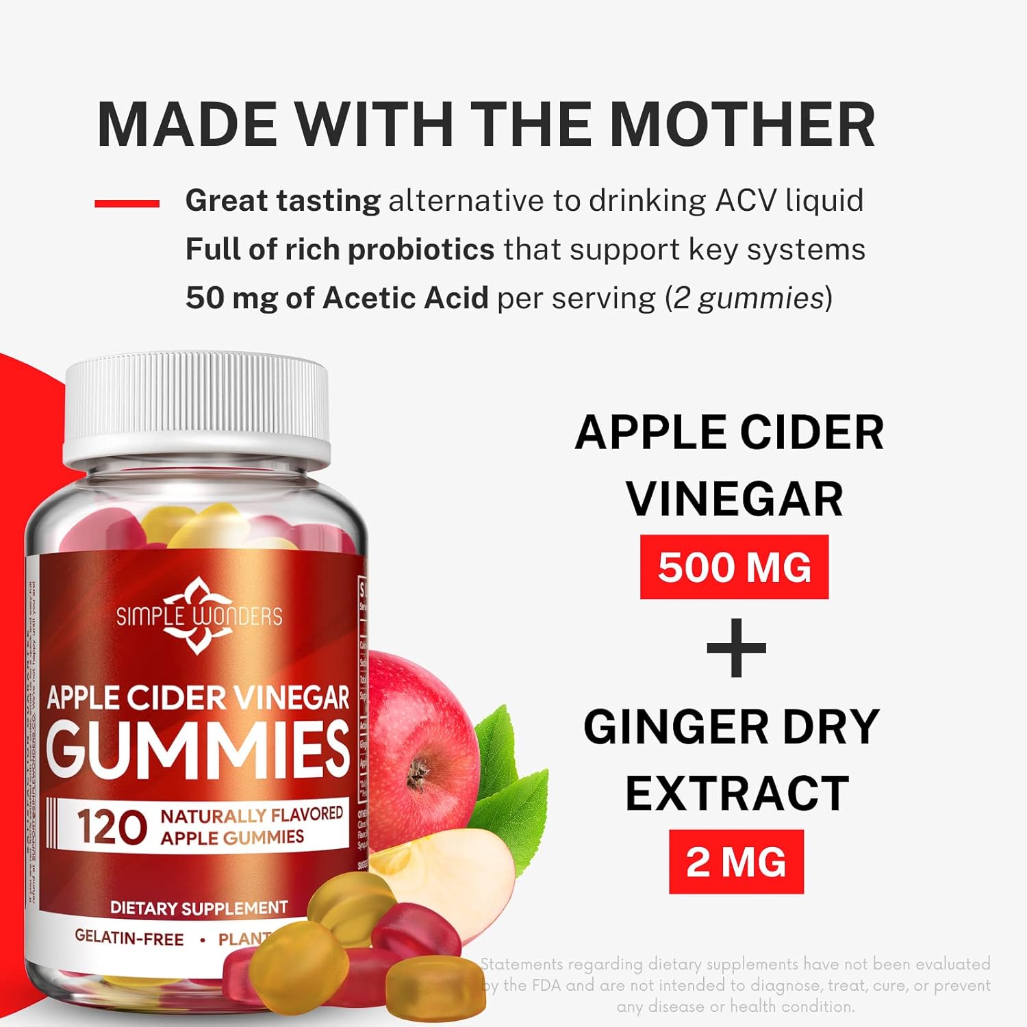 Apple Cider Vinegar Gummies With The Mother - Acv Gummies For Detox, Cleansing & Immune Support - Made With Black Carrot & Ginger Dry Extract - Pectin Based, Non-Gmo, Gluten-Free (120 Gummies) : Health & Household