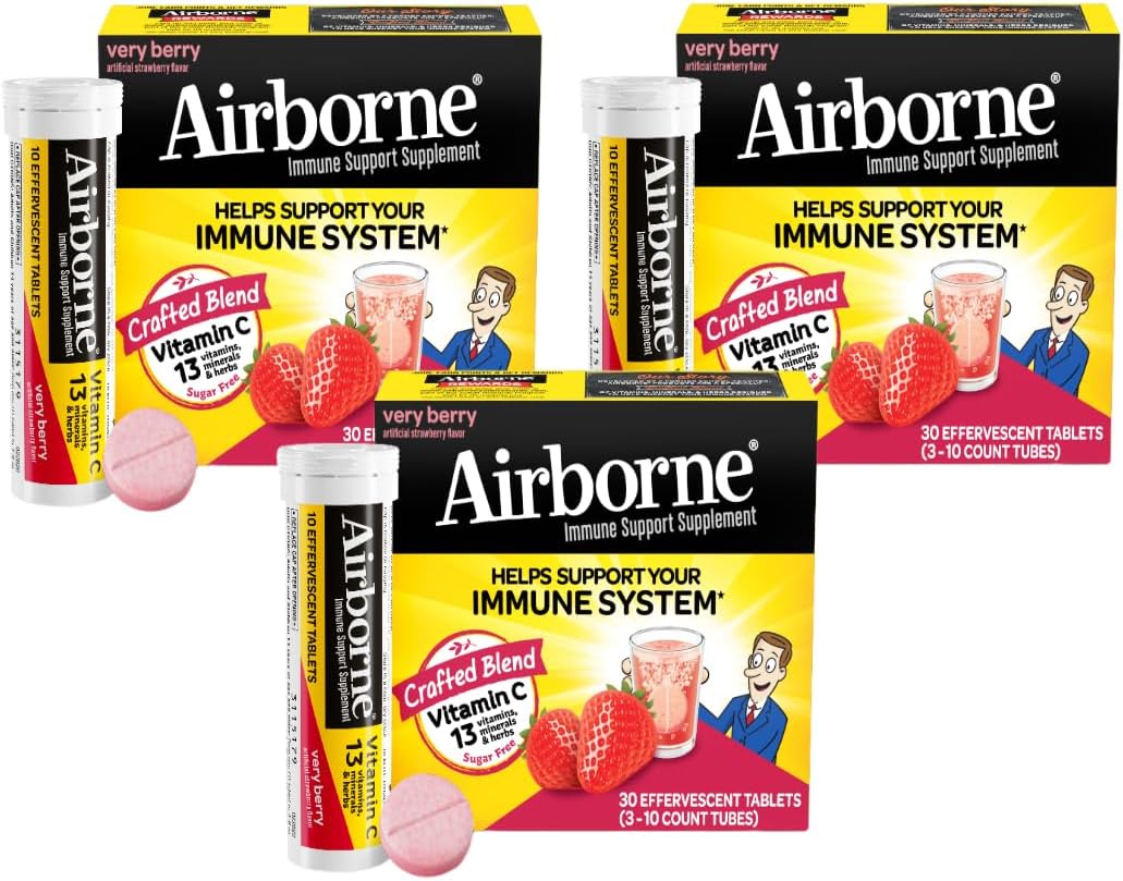 Airborne 1000mg Vitamin C with Zinc, SUGAR FREE Effervescent Tablets, Immune Support Supplement with Powerful Antioxidants Vitamins A C & E - 30 Fizzy Drink Tablets, Very Berry Flavor (Pack of 3)