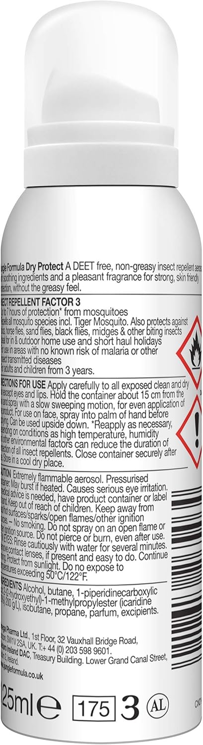 Jungle Formula Dry Protect Insect Repellent (125Ml Aerosol) - Deet Free Mosquito, Midge & Biting Insect Repellent - Up To 6 Hours Protection From Bites - Non Greasy, Lightly Fragranced Bug Spray