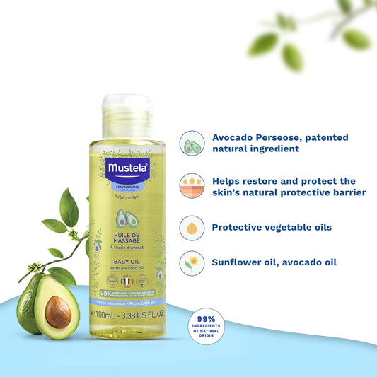 Mustela Baby Oil - Moisturizing Oil For Massage - With Natural Avocado, Pomegranate & Sunflower Oil - 3.38 Fl. Oz
