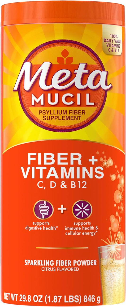 Metamucil 4-in-1 Fiber + Vitamins C, D, & B12, Fizzy Fiber Powder, Psyllium Husk Fiber Supplement for Digestive Health, with Vitamins C & D for Immune Health, Vitamin B12, Citrus Flavored, 90 servings