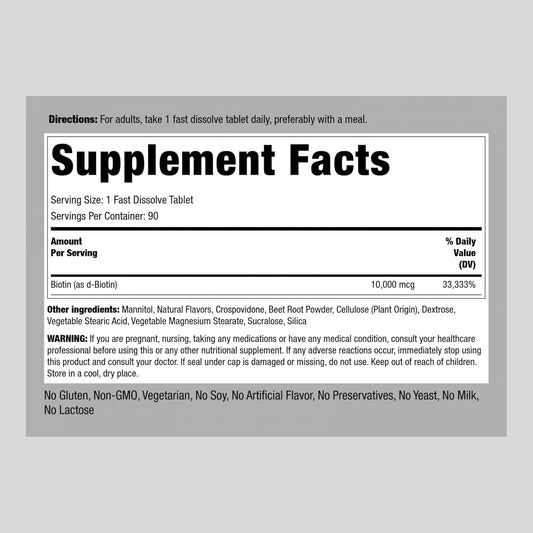 Piping Rock Biotin 10000mcg | 90 Berry Flavor Tablets | Max Strength and Highly Absorbable | Fast Dissolve | Sublingual, Vegetarian, Non-GMO, Gluten Free Supplement