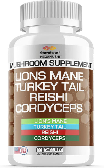 Stamiron Lions Mane Supplement Turkey Tail Mushroom Capsules with Cordyceps Extract & Reishi Mushrooms - Alt to Mushroom Gummies, Mushroom Powder, Mushroom Coffee - 90 Count