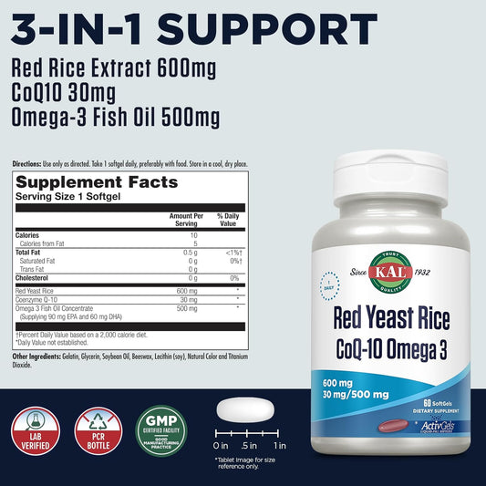 Kal Red Yeast Rice Coq10 Omega 3, 60 Count