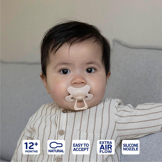 Difrax - Natural Pacifier - Pink & Beige - 12+ Months - Set Of 4 - Butterfly Shaped Pacifier, Silicone Tip, Bpa Free & Tooth-Friendly