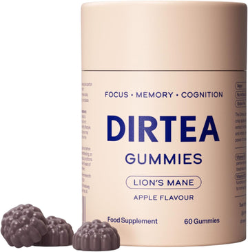 Dirtea Lion'S Mane Mushroom Gummies - Vegan, Natural & Sugar Free With Vitamin B12 & B5 - Focus & Memory Supplement - 1 Month'S Supply - 2,400Mg Per Serving - 60 Gummies - Apple Flavour