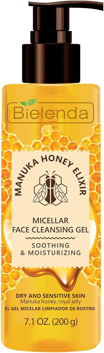 Bielenda Manuka Honey Nutri Elixir - Gently Cleanses And Refreshes Delicate And Demanding Dry And Sensitive Skin - Manuka Honey Soothing Face Micellar Cleansing Gel For Dry And Sensitive Skin - 200 G