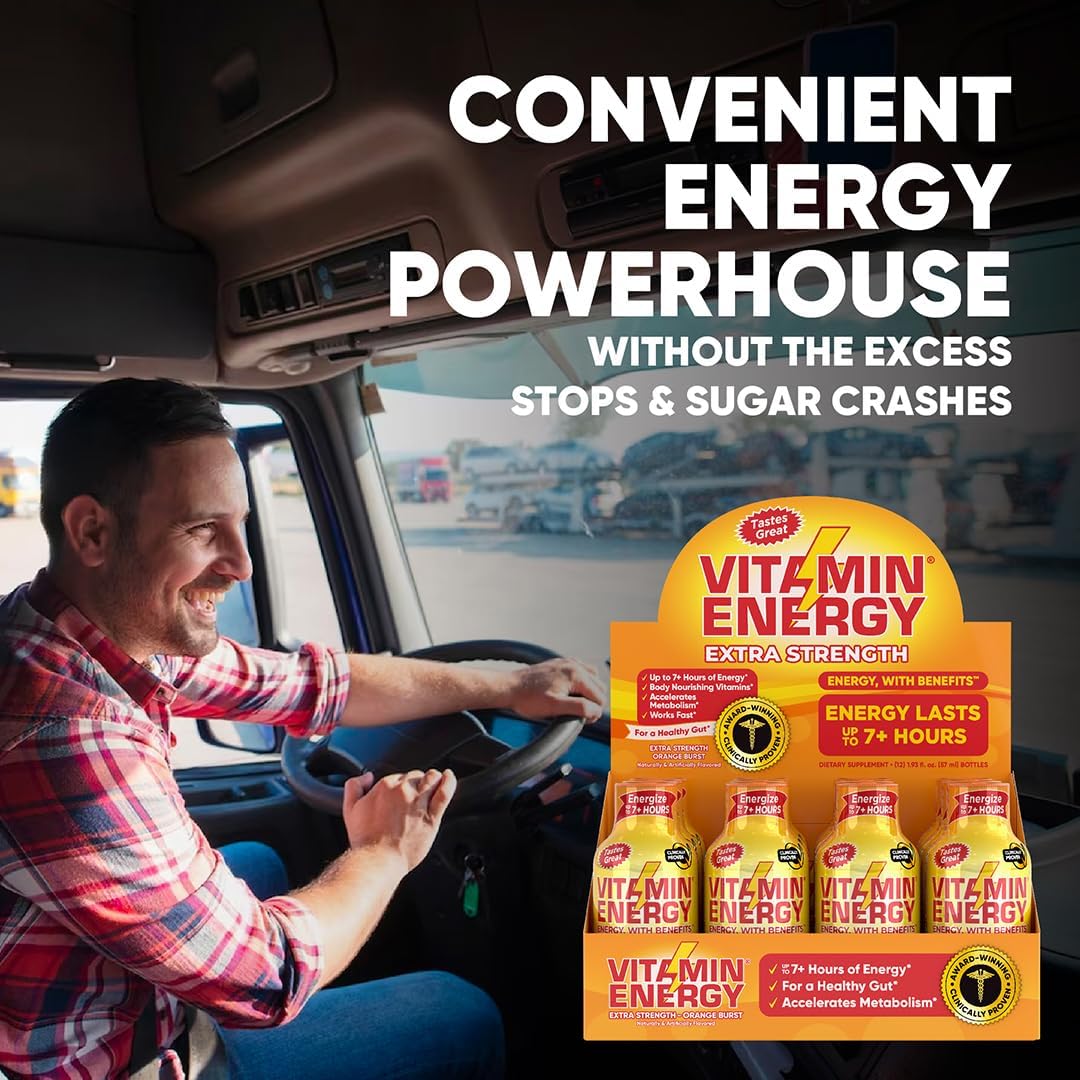 Vitamin Energy Extra Strength Energy Drink Shots | Natural Nutrients to Energize & Support Immune System | Sugar & Carb-Free | Immunity Formula | up to 7+ Hours | Orange Burst- 1.93 fl oz - Pack of 12 : Health & Household