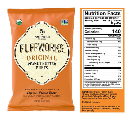 Puffworks Original Organic Peanut Butter Puffs, Plant-Based Protein Snack, Gluten- and Rice-Free, Vegan, Kosher, 3.5 Ounce (Pack of 3)
