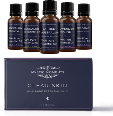 Mystic Moments | Clear Skin Essential Oil Gift Starter Pack 5x10ml | Bergamot Bergaptene Free, Lavender English, Oregano, Rosemary French and Tea Tree Australian | Perfect as a gift