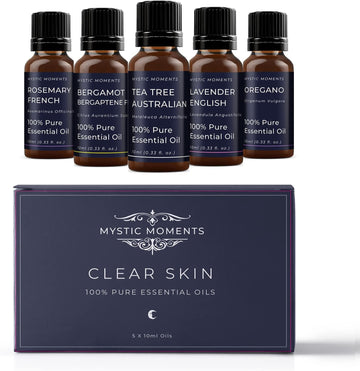 Mystic Moments | Clear Skin Essential Oil Gift Starter Pack 5X10Ml | Bergamot Bergaptene Free, Lavender English, Oregano, Rosemary French And Tea Tree Australian | Perfect As A Gift