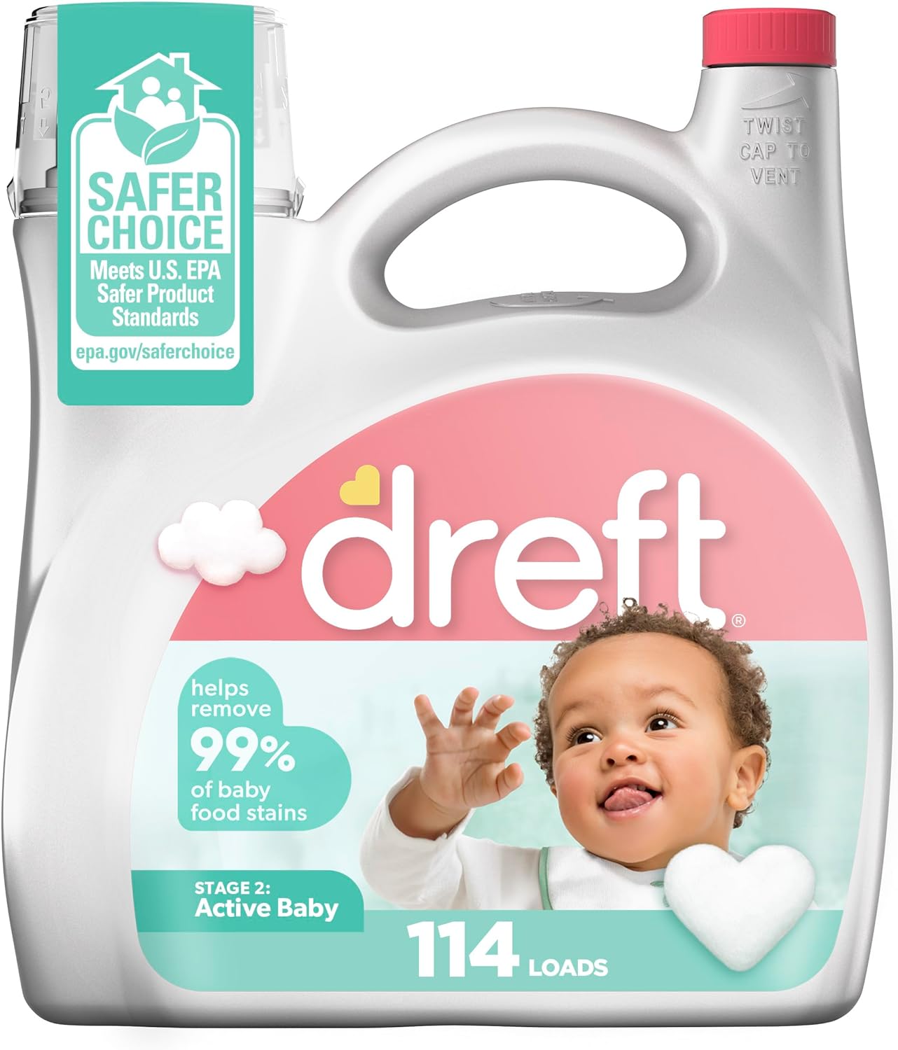 Dreft Stage 2 Active Baby Liquid Laundry Detergent, Helps Remove 99% Of Baby Food Stains, Hypoallergenic, 114 Loads