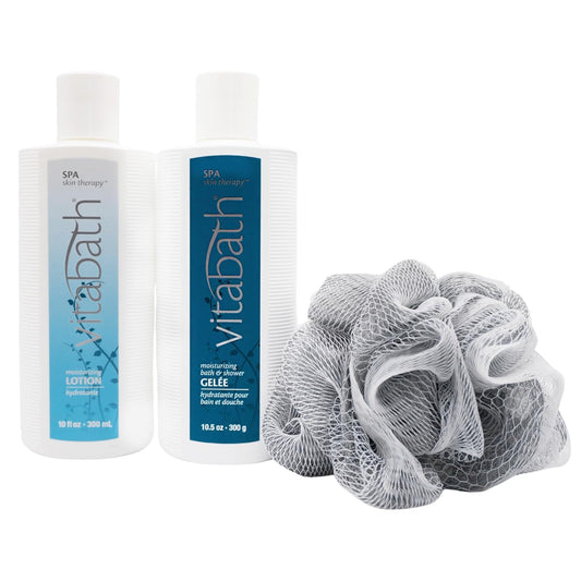 Vitabath Spa Skin Therapy Everyday Skincare Set Moisturizing Shower Gel Wash, Reviving Lotion & Exfoliating Body Scrubber Pouf - Refreshing Foam Cleanser & Dry Skin Hydration For Women & Men