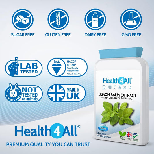 Health4All Lemon Balm Extract 1500Mg Per Capsule, 60 Capsules 2 Months Supply, High Strength Vegan Melissa For Anxiety, Sleep Support Supplement, Purest: No Additives | Made In Uk