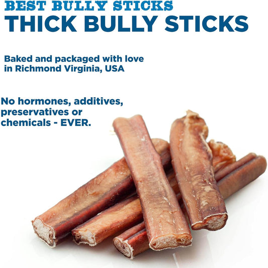 Best Bully Sticks All Natural 6 Inch Thick Bully Sticks For Large Dogs - 100% Free-Range Grass-Fed Beef - Single-Ingredient Grain & Rawhide Free Dog Chews - 5 Pack