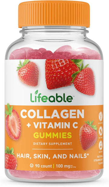 Lifeable Collagen Peptides 100mg with Vitamin C - Great Tasting Natural Flavor Gummy Supplement - Gluten Free - for Joints, Hair Growth, Skin, and Nails - for Women, Men - 90 Gummies