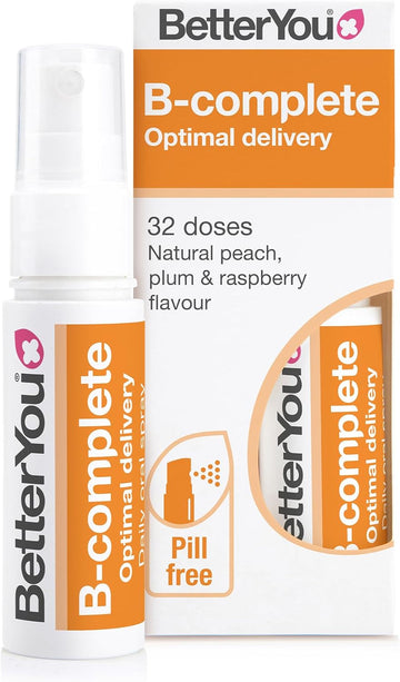 Betteryou B-Complete Oral Spray, Fast Acting B-Complex Supplement, High Strength Blend Of All 8 B-Vitamins, Natural Peach, Plum & Raspberry Flavour, 1-Month Supply