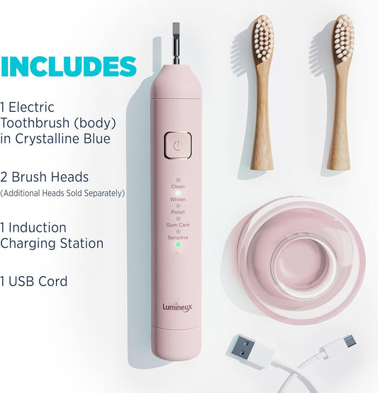 Lumineux Sonic Electric Toothbrush for Adults - Bamboo Heads - in Bloom (Pink) - Includes 2 Super Soft Bristle Bamboo Tooth Brush Heads, Charging Station & USB Charge Cord - Rechargeable