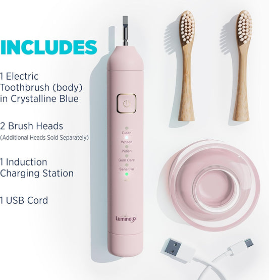 Lumineux Sonic Electric Toothbrush For Adults - Bamboo Heads - In Bloom (Pink) - Includes 2 Super Soft Bristle Bamboo Tooth Brush Heads, Charging Station & Usb Charge Cord - Rechargeable