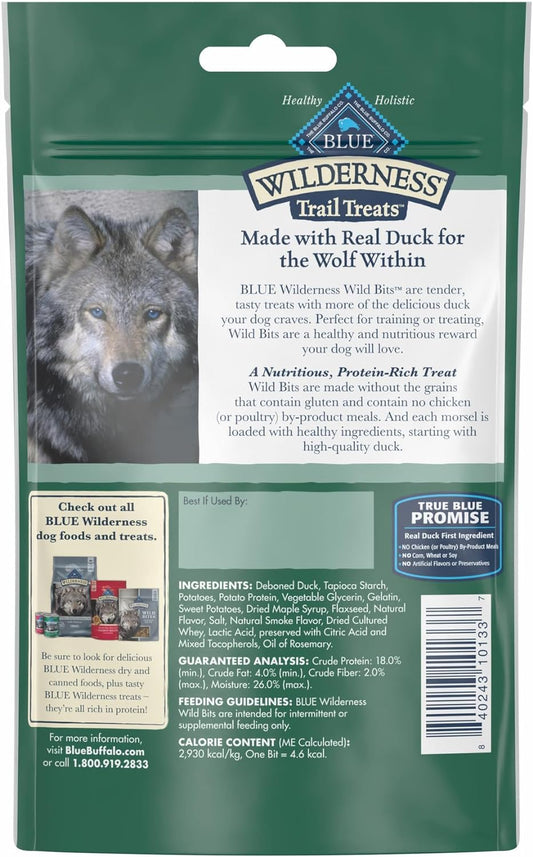 Blue Buffalo Wilderness Trail Treats Wild Bits High Protein Grain Free Soft-Moist Training Dog Treats, Duck Recipe 4-oz Bag